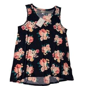 Lularoe Floral Print Kristina V Neck Tank MEDIUM Beautiful Flowers on Blue‎ NWT